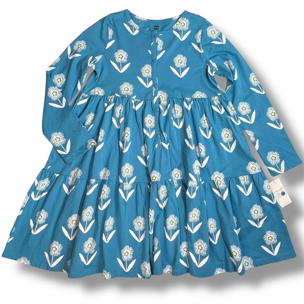 Tea Collection Girls 12 Blue Floral Long Sleeve Tiered‎ Button Front Dress NWT